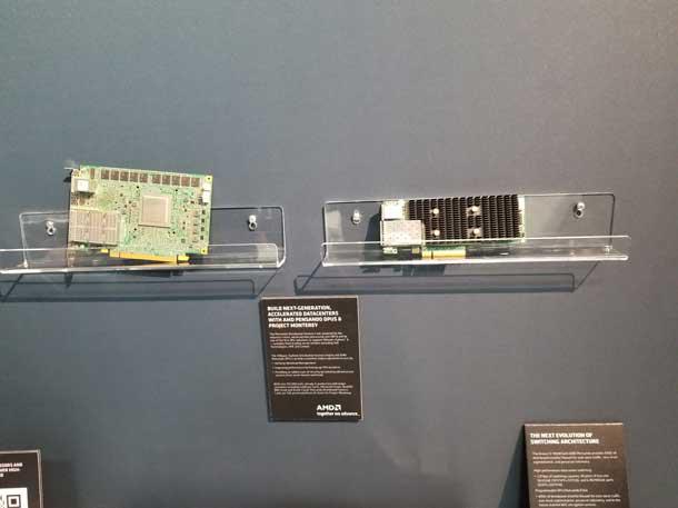 Advanced Micro Devices’ Pensando Distributed Services cards on display at VMware Explore 2022. AMD and VMware announced updates to their products during the event, held in San Francisco. Photo by Wade Tyler Millward.